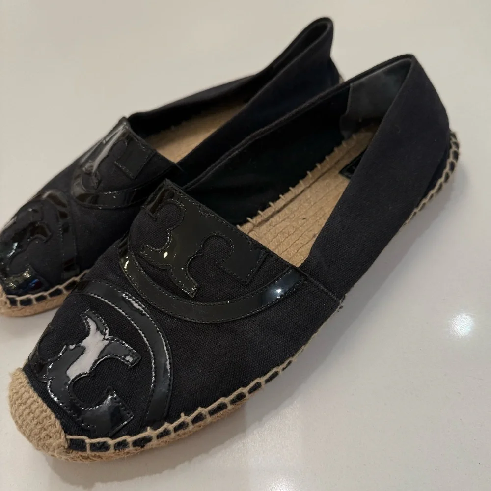 Tory Burch Poppy‎ Espadrille Flats Black Canvas Patent Leather Logo 10M